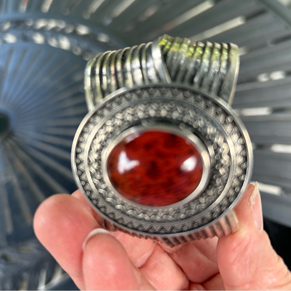 Vintage Premier Designs Crisscross Silver Tone Red Cabochon Cuff Bracelet